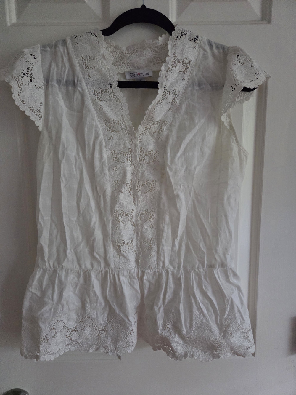 Nordstrom Signature White Lace Trim V-Neck Peplum Top